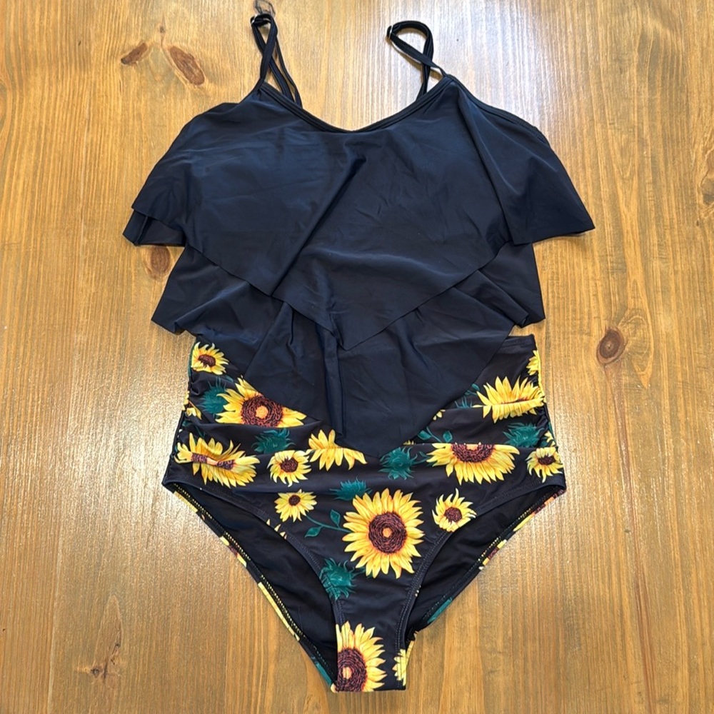 Sunflower flowy black Bikini high ruched waisted swim NWOT L or XXL
